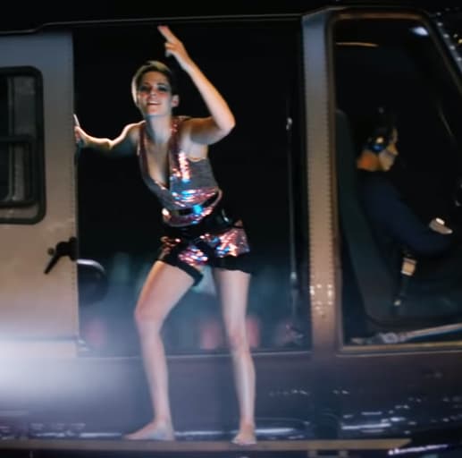 Sequin dress with Kristen Stewart on a helicopter