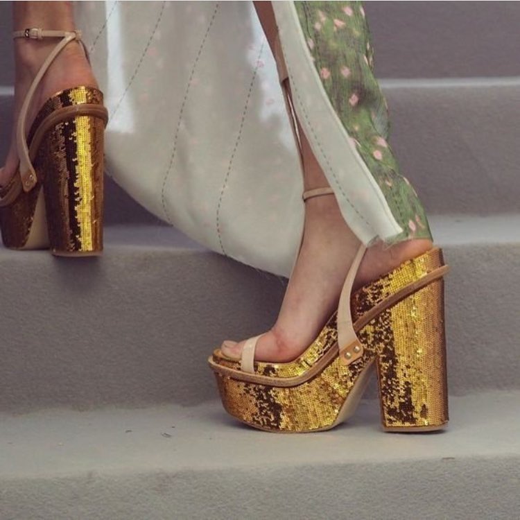 Glittering Gold Sequin High Heels Pump Sandals.