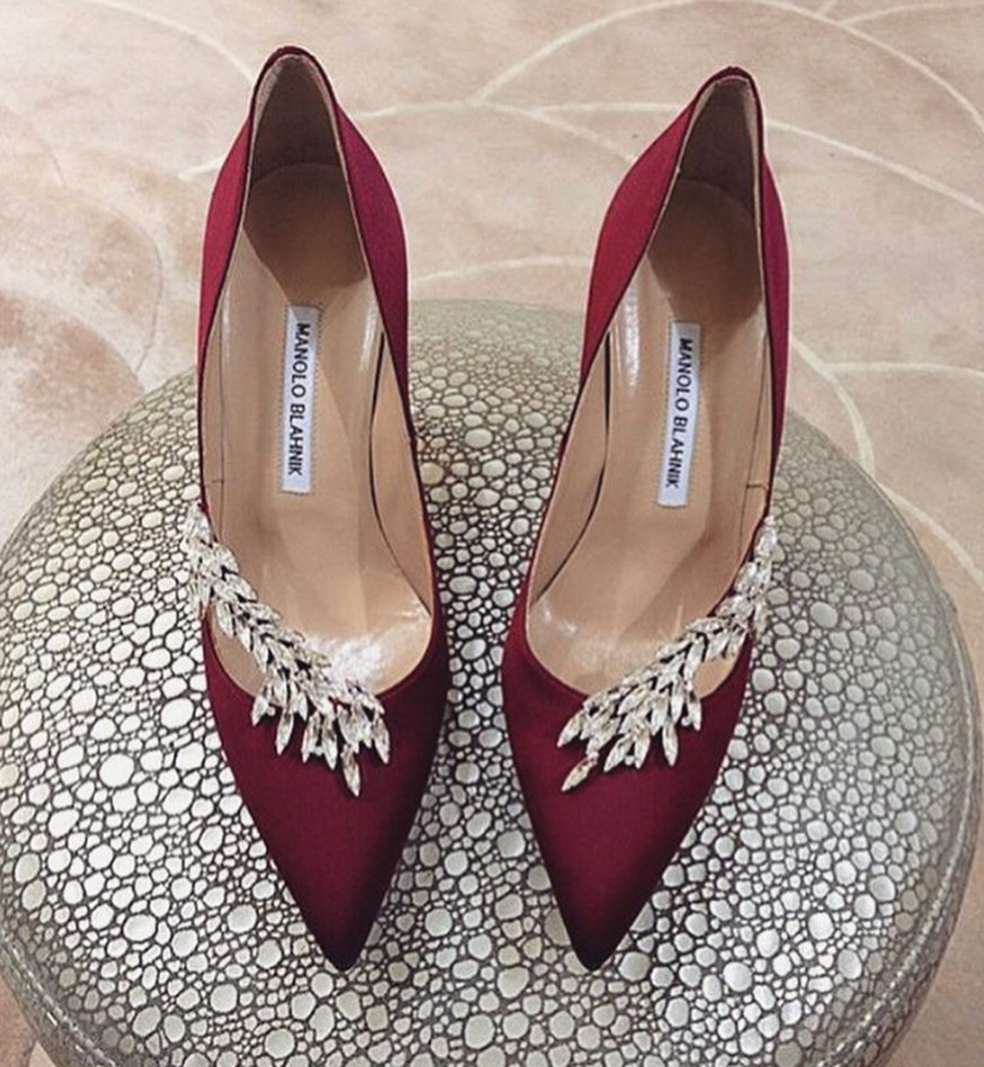 Maroon Designer Pumps with Rhinestones.