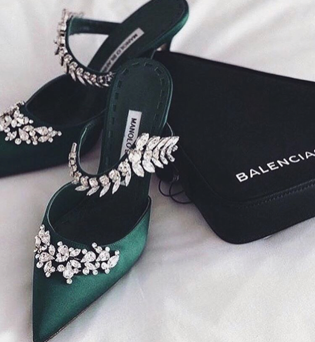 Dark Green Pointed Toe Strap Sandals With Rhinestones.