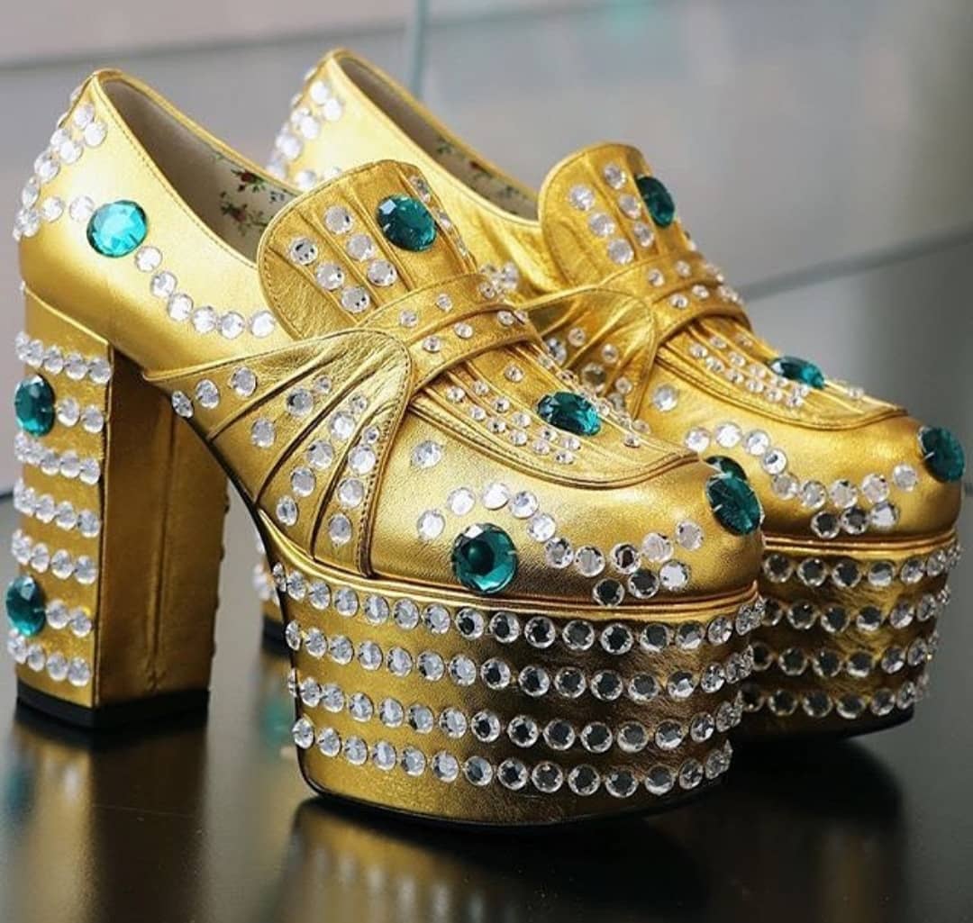 Gold Women's Platform Shoes with Green & Silver Rhinestones.