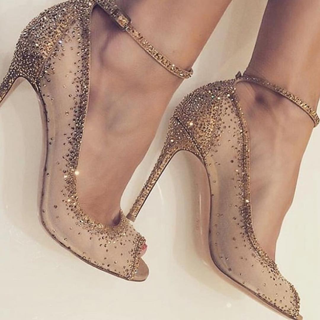 Copper Rhinestone High Heels Strap Peep Toe Sandals.