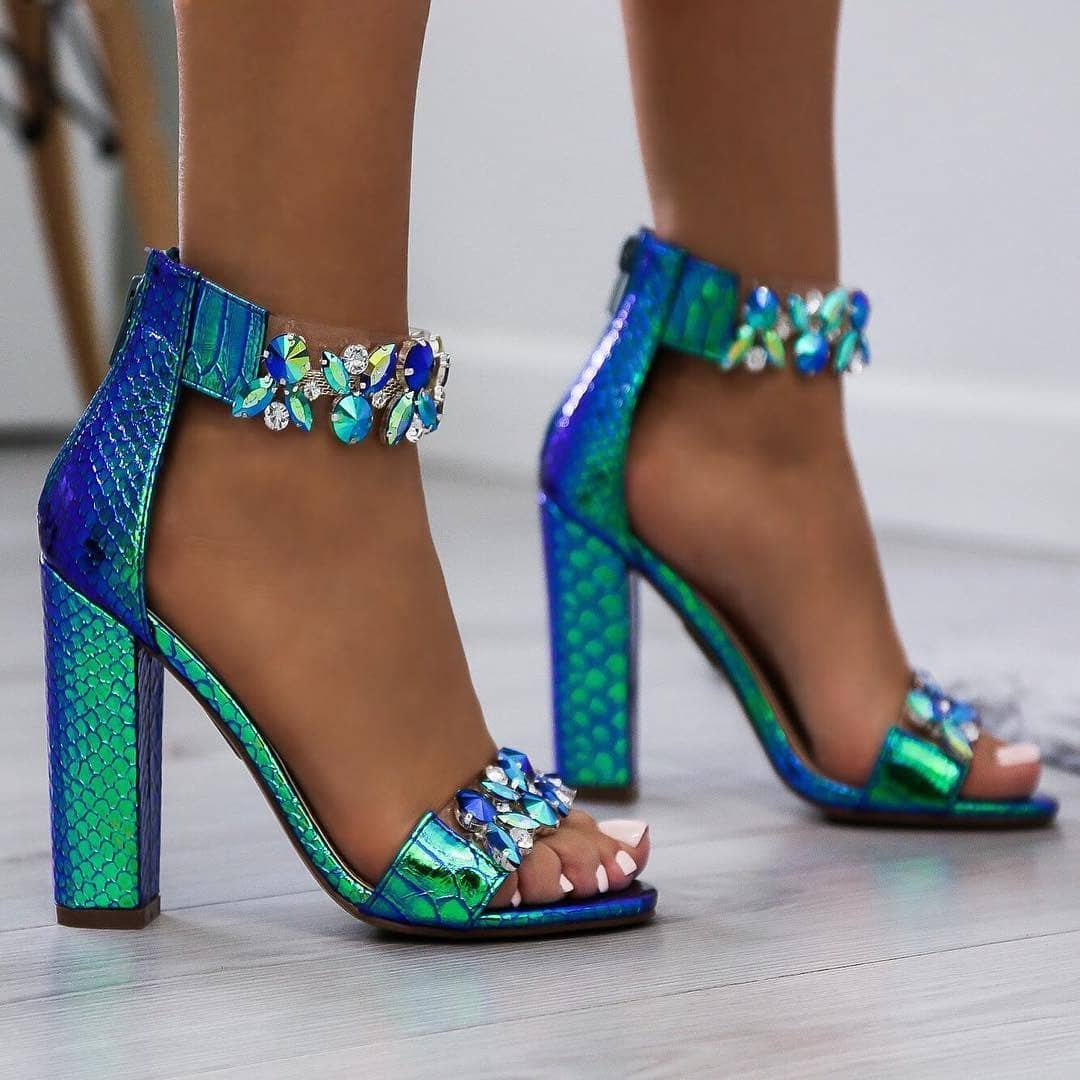 Turquoise and Green T-Strap Sandals with Rhinestones.