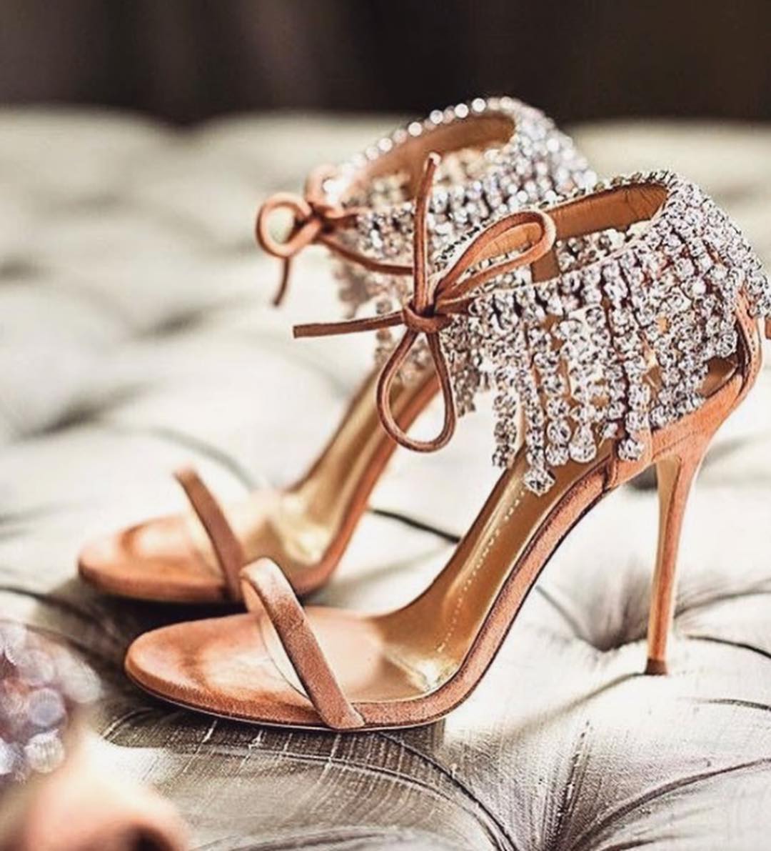 Suede Heel T-Strap Sandals with Hanging Rhinestones.