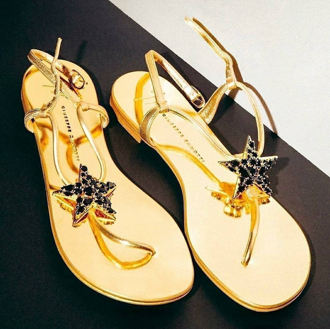 Gold Strap Sandals with Star & Black Rhinestones.