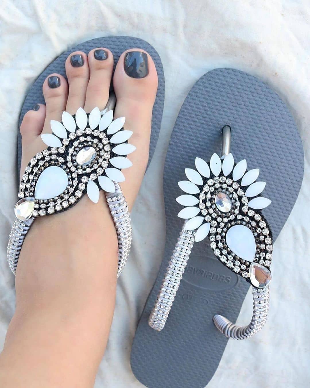 Grey Beach Wear Slippers with Rhinestones.