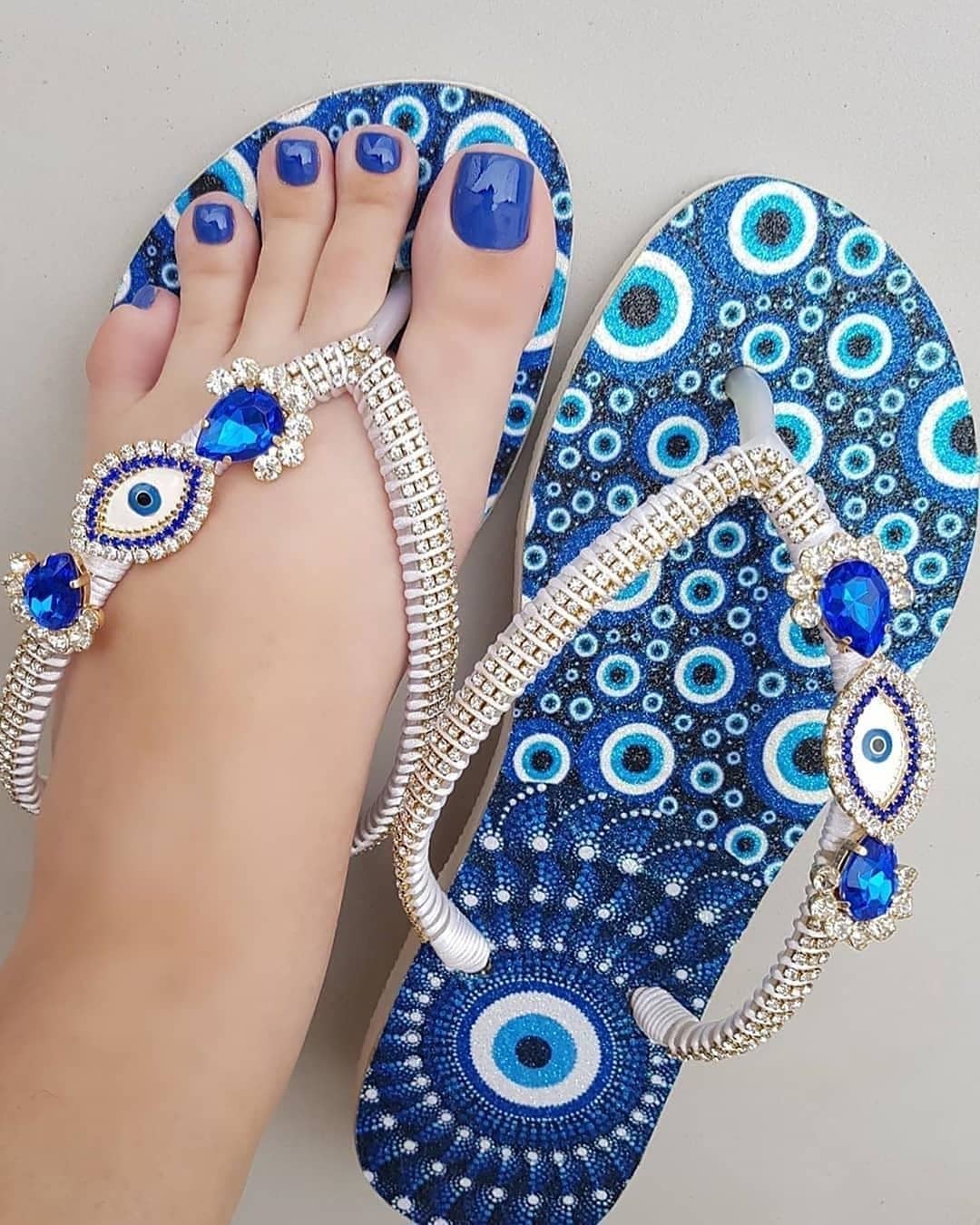 Blue Beach Wear Thongs with Rhinestones.