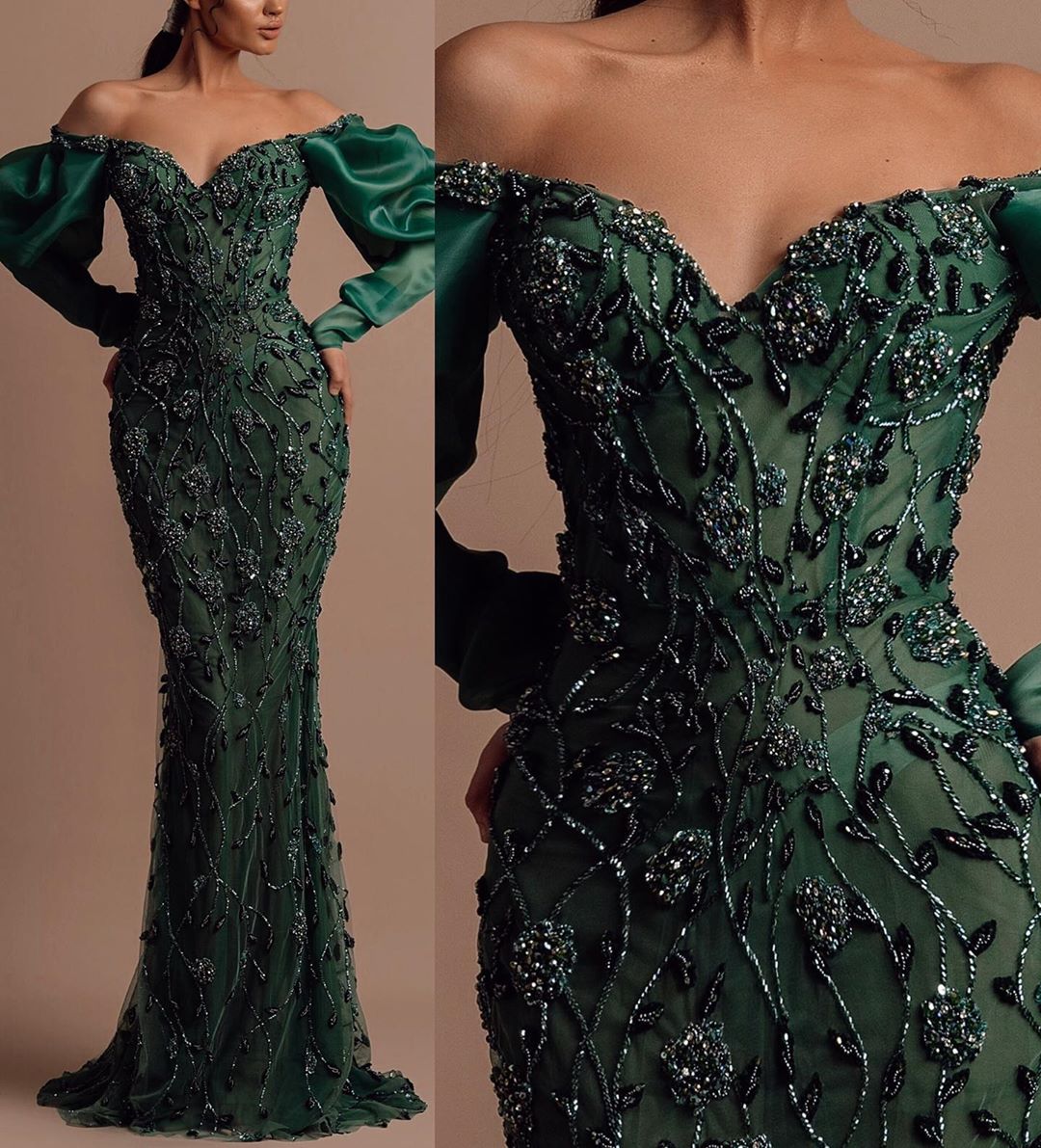 Dark Green Off The Shoulder Long Sleeves Gown with Beads.