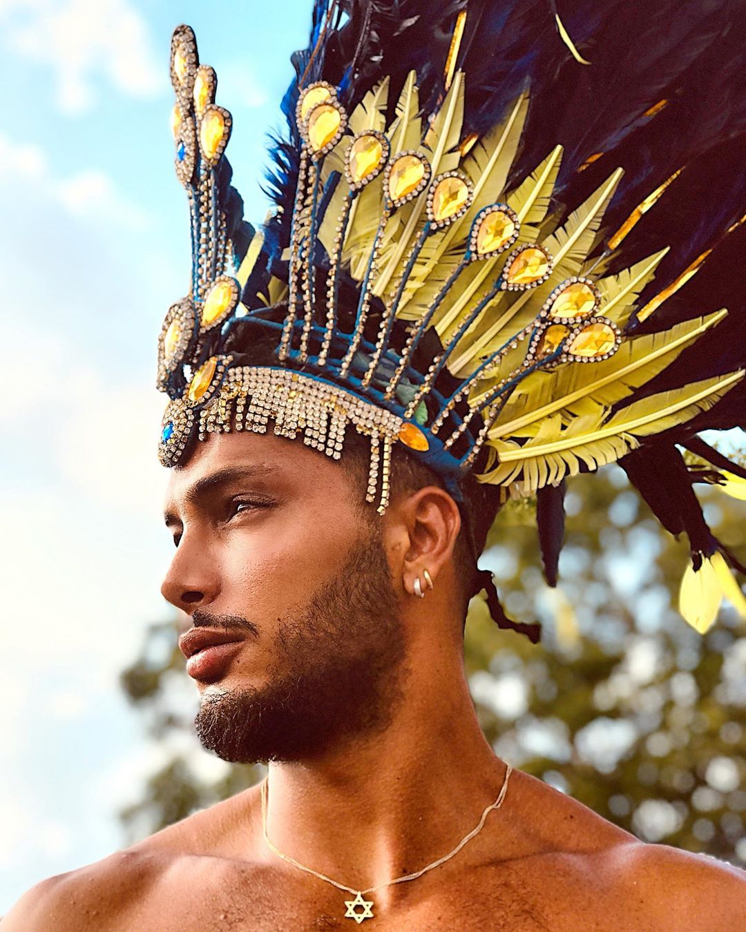 Yellow and Silver Rhinestones Head Dress with Feathers