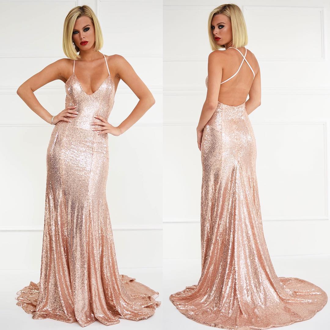 Rose Gold Backless Long Sequin Gown with Spaghetti Straps