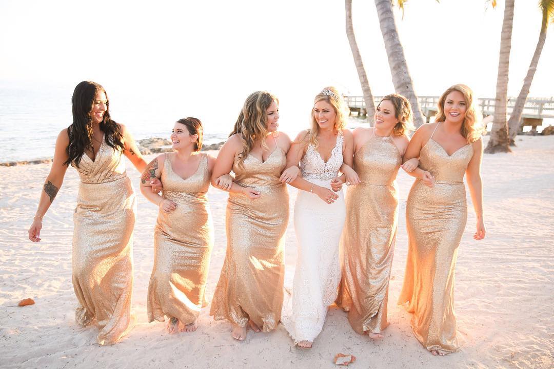 Champagne Gold Sequin Fabric Long Bridesmaid Gowns.