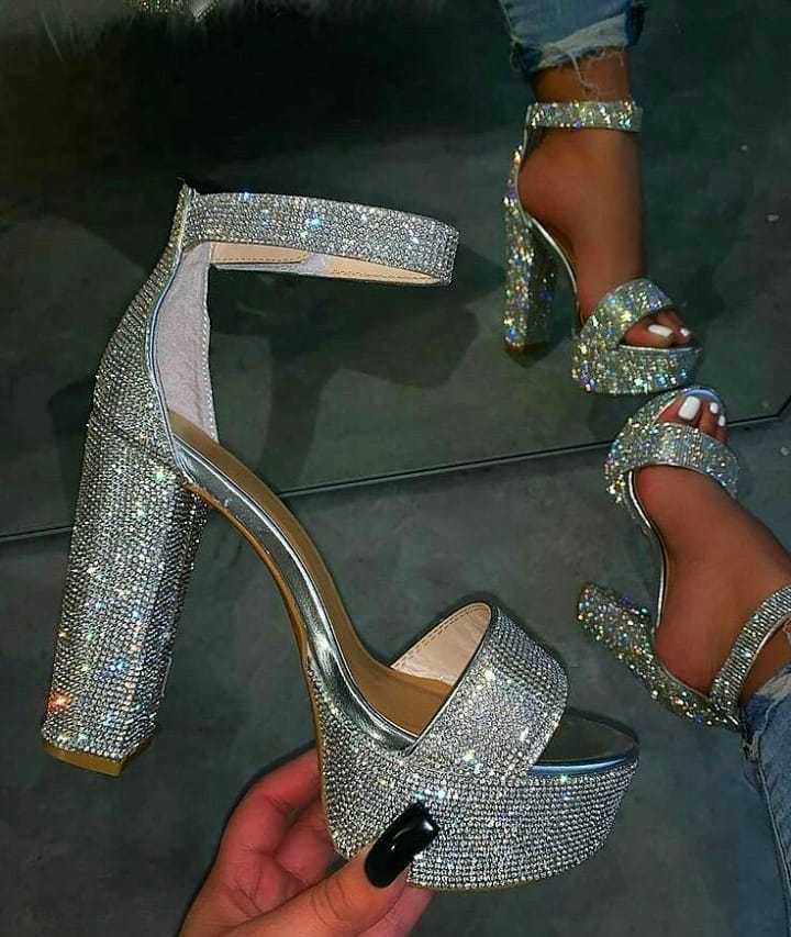 Silver Rhinestones High Heel T-Strap Sandals.