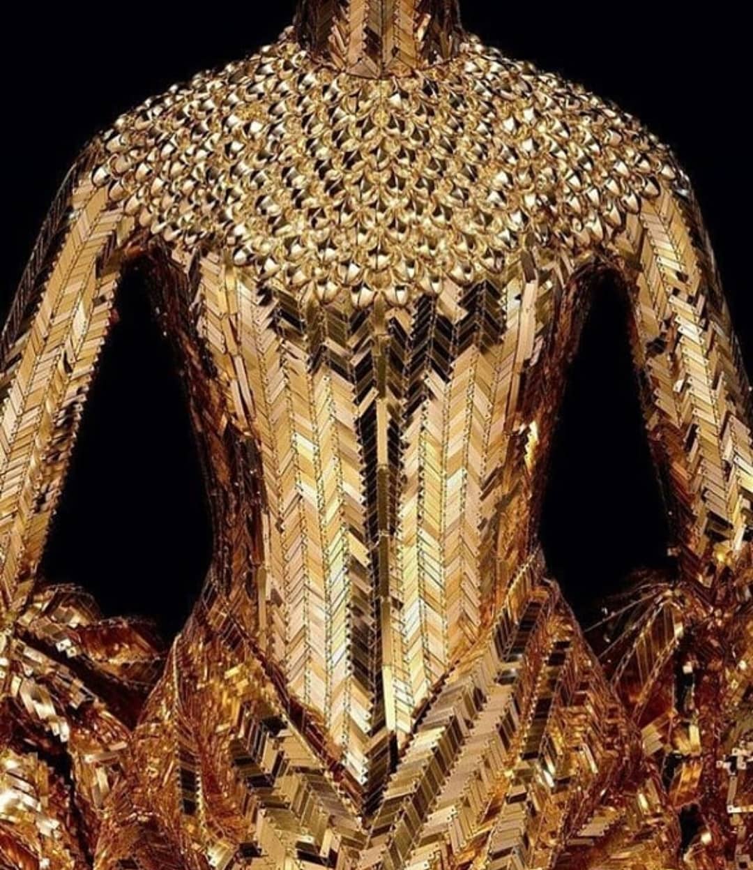 Golden Sequin Armour Long Sleeve Dress with Chinese Collar.