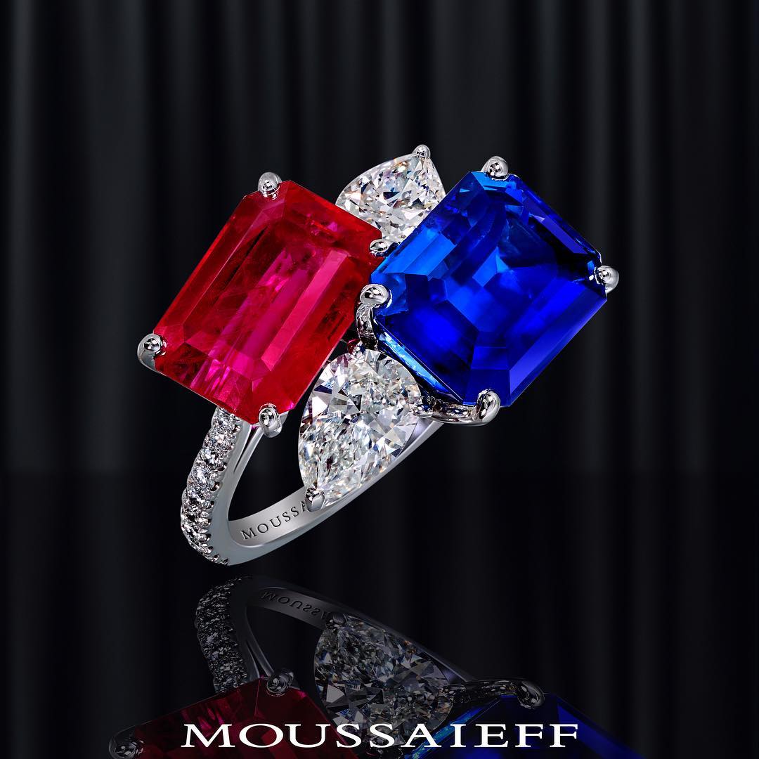 Best Jewelry Online: Sapphire and Ruby with Clear Diamonds On White Gold Ring