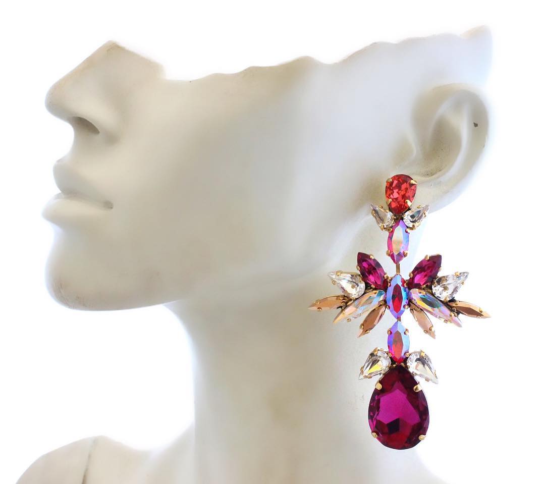 Best Jewelry Online: Chandelier Fuchsia and Clear White Stone Hanging Earrings Jewelry Online