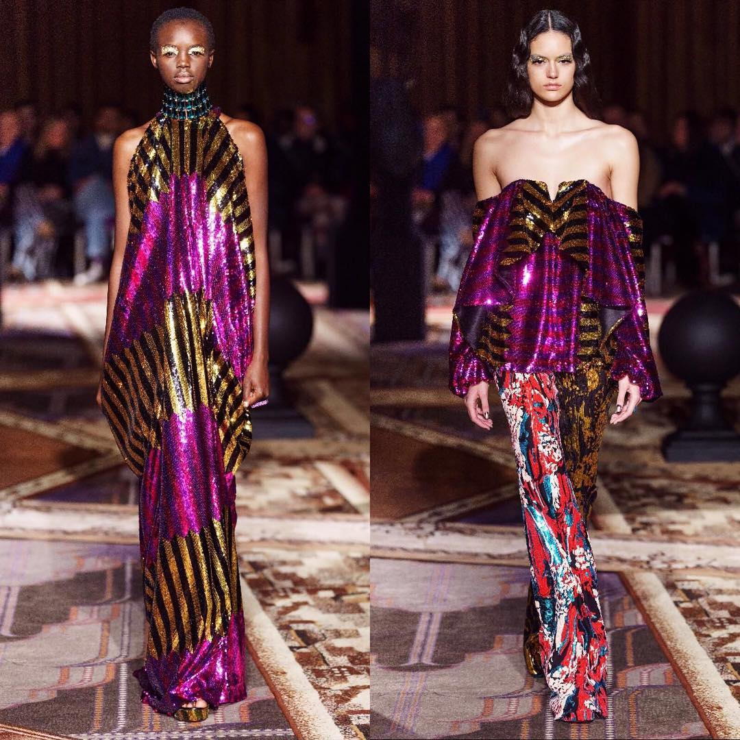 Multicolor Sequin Dreses with Black and Gold Stripes and Fuchsia.