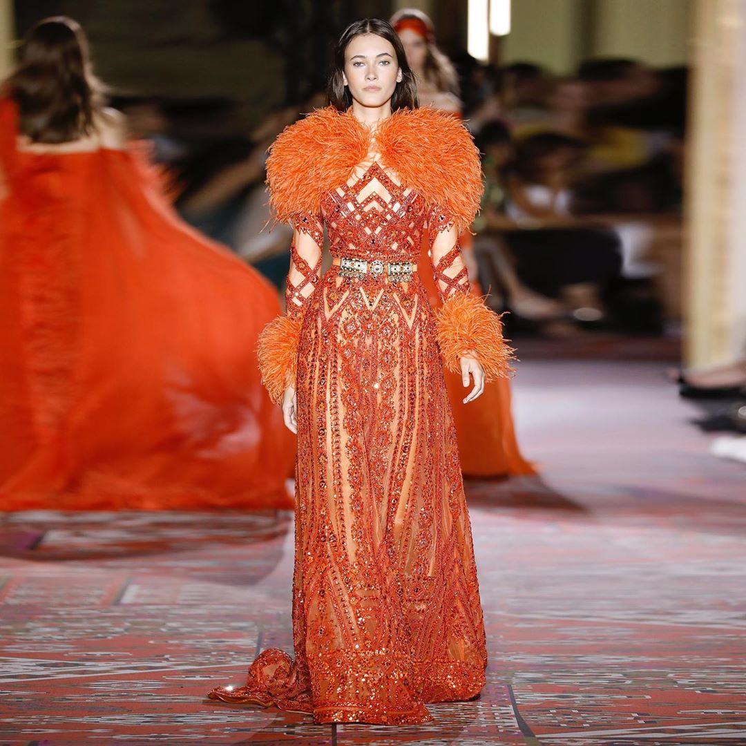  Orange Long Gown with Perfect Sequins & Beads Detailing.