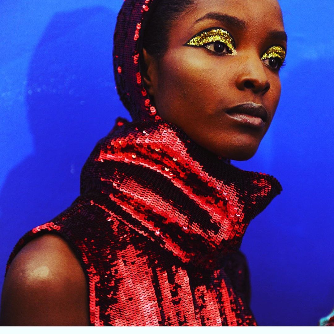 Red Sequin Fabric Sleeveless Dress with High Collar and Headscarf Detail