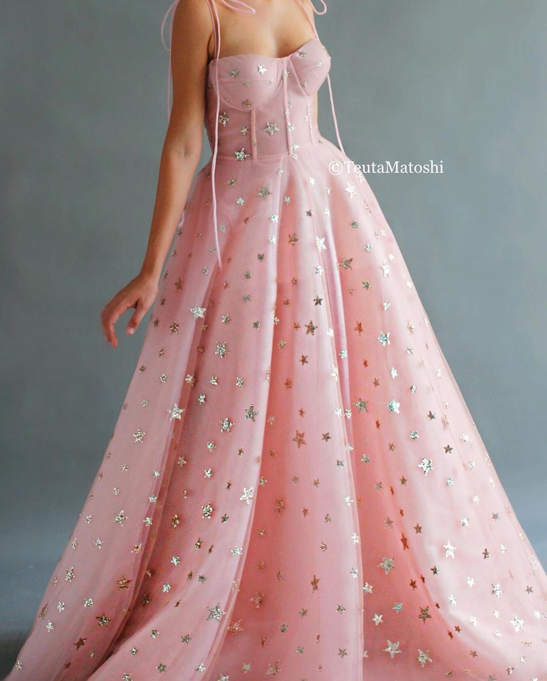 Light Pink Off The Shoulder Long Gown With Sequin Stars.