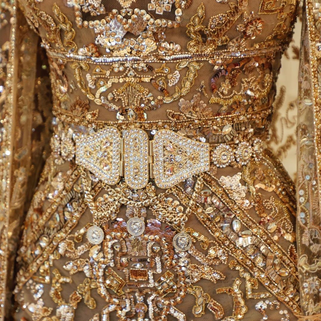 Gold Couture Gown with Rhinestones And Sequins.