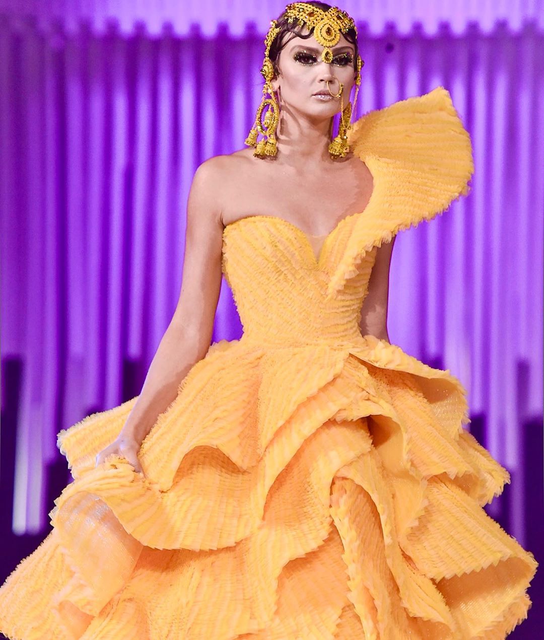 Yellow Dress with One Shoulder, Layered Skirt and Beaded Headpiece.