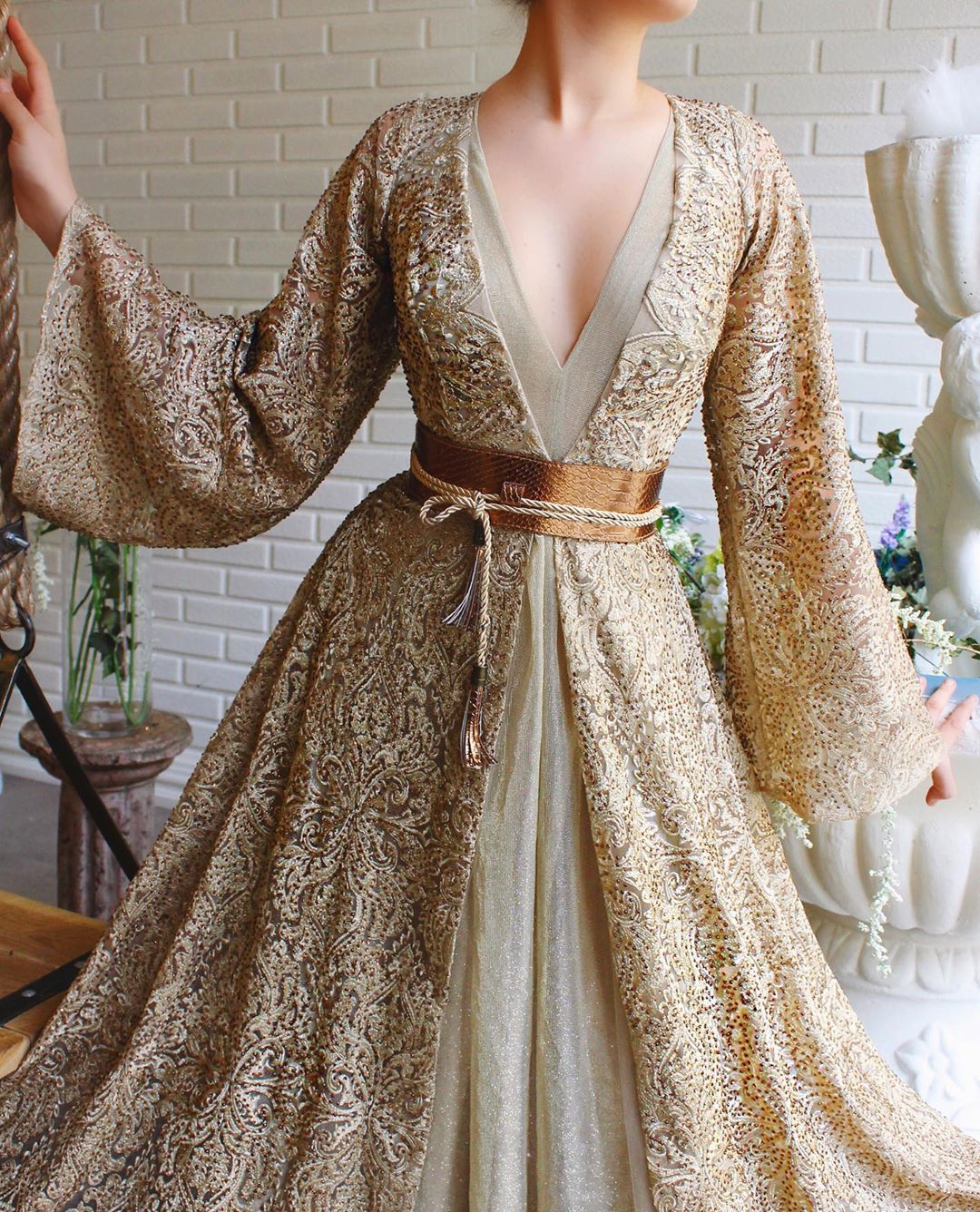 Gold Laced Gown Decorated In Sequins with Bell Sleeves & Hanging Belt.