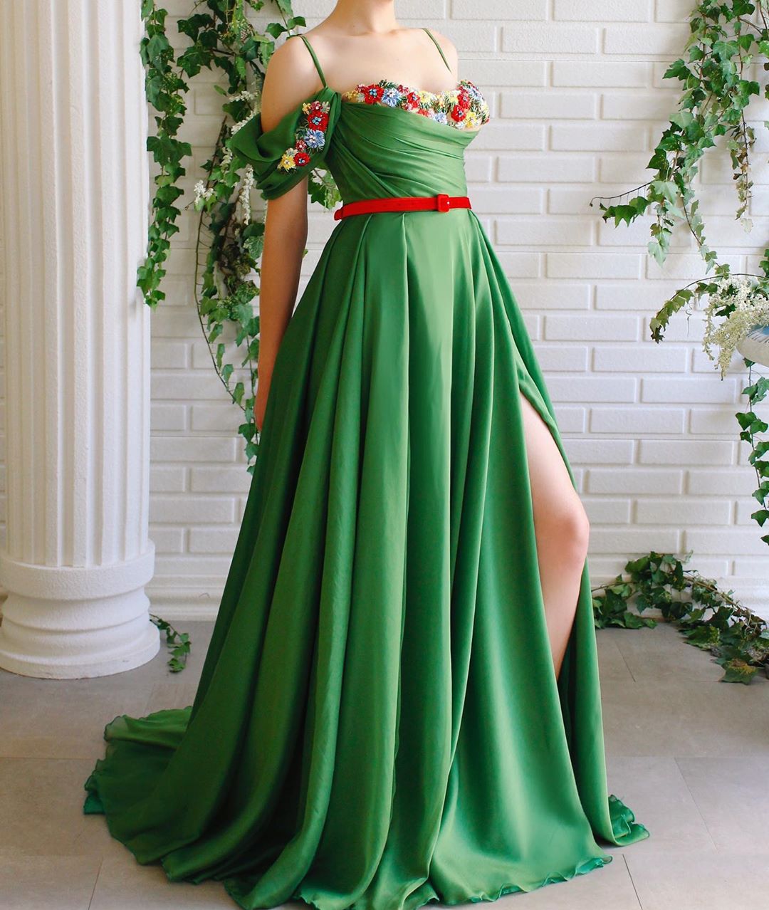 Green Strap with Sweetheart Neckline & Flowers with A High Slit.