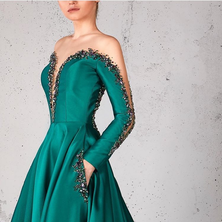 Off The Shoulder Full Sleeves Deep V-Neck Gown with Sequins.