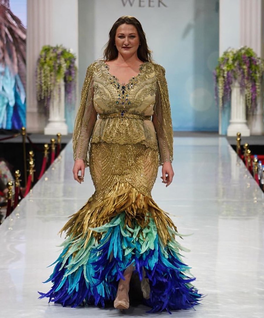 Gold Sequin Dress Plus Size with Long Sleeves and Feathers.