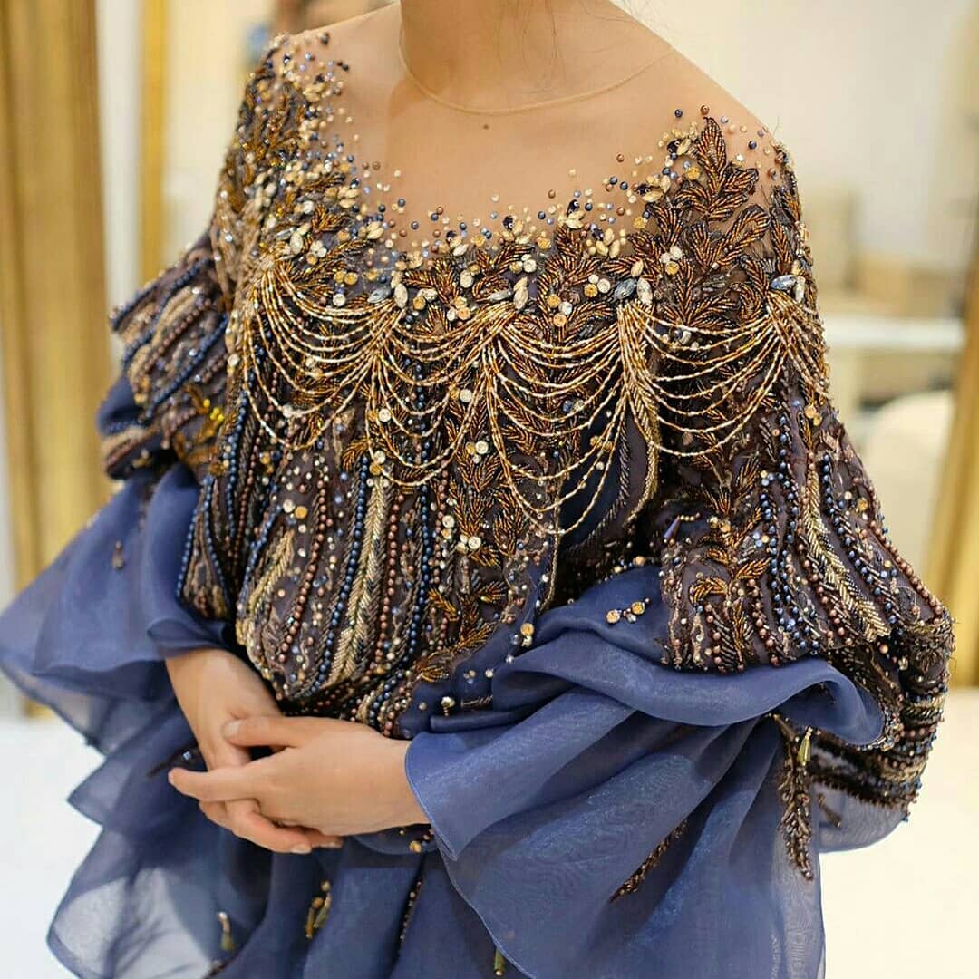 Old Gold Sequin Detailing and Bead Strands on Long Sleeve Gown