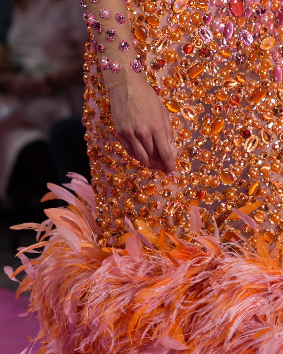 Orange Rhinestones & Crystals With Feathers Couture Gown.