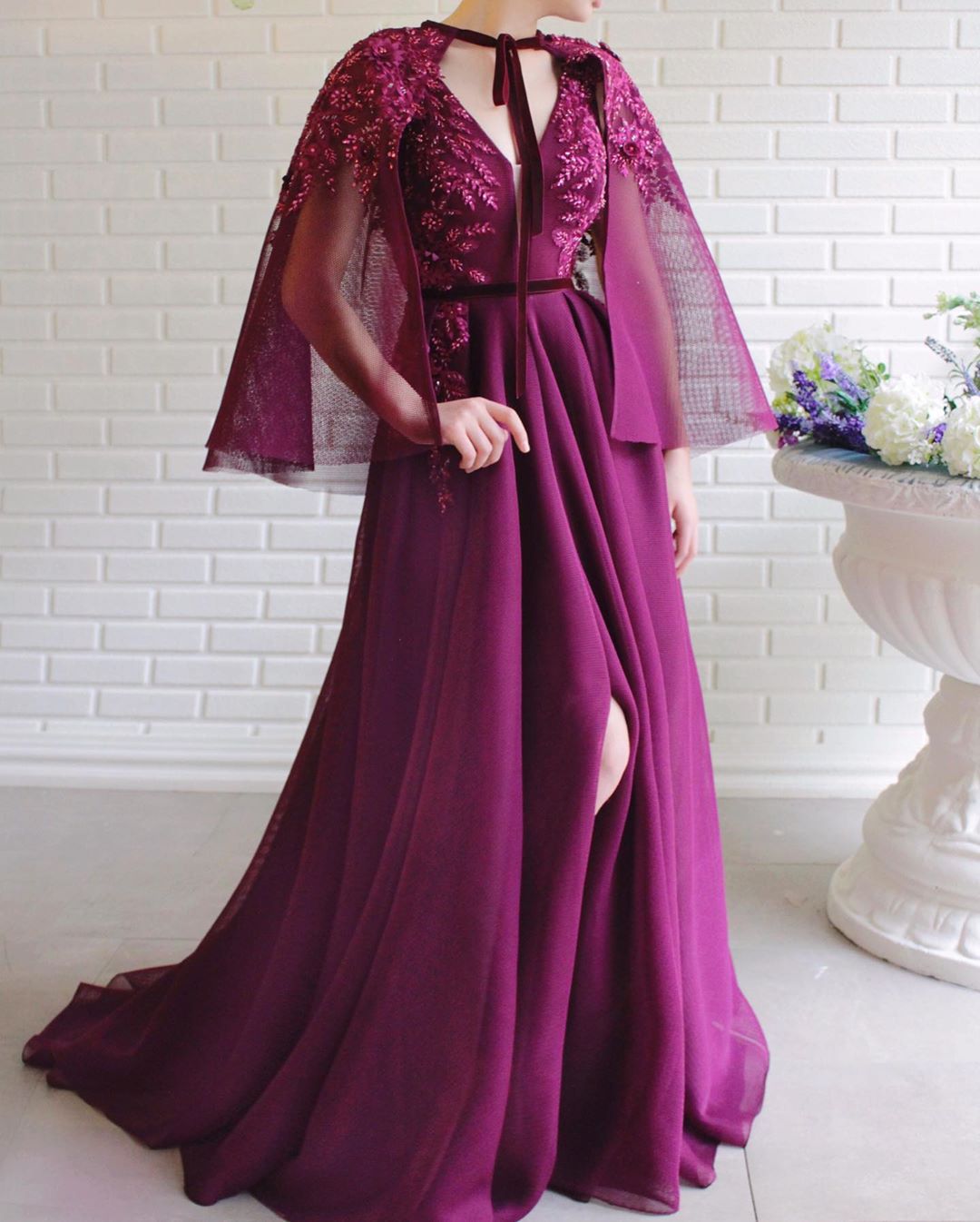 Long Dark Pink Dress with Chiffon Tie-up Shawl, Slit in Front with Sequin Embellishment.