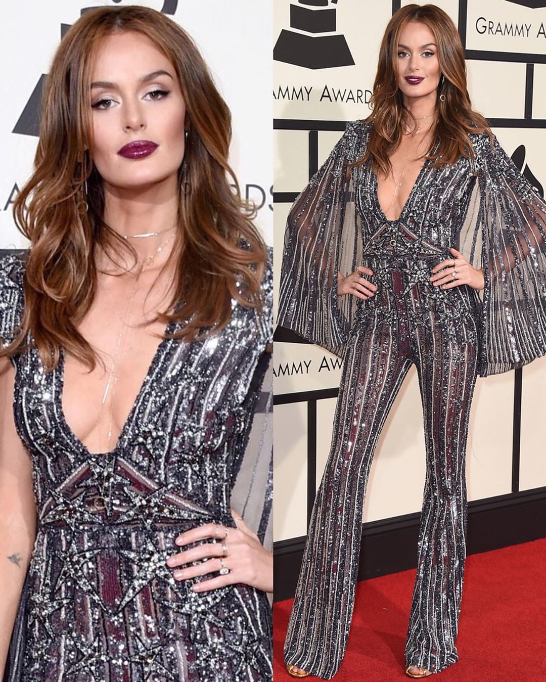 Black, Maroon and Silver Sequin and Bead Deep V-Neck with Bell Sleeves Jumpsuit.