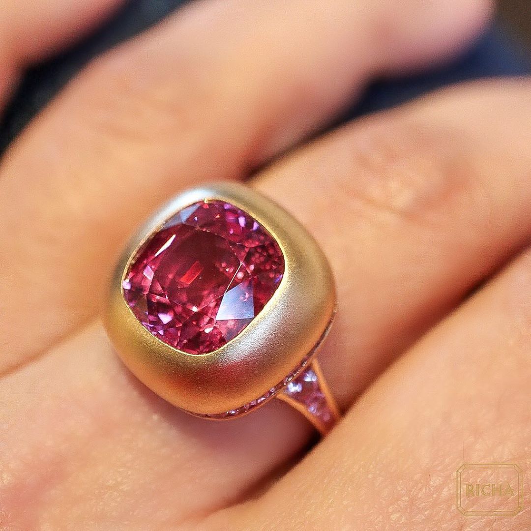 Best Jewelry Online: Ruby Red Gem in Matte Gold with Pink Sapphires Ring