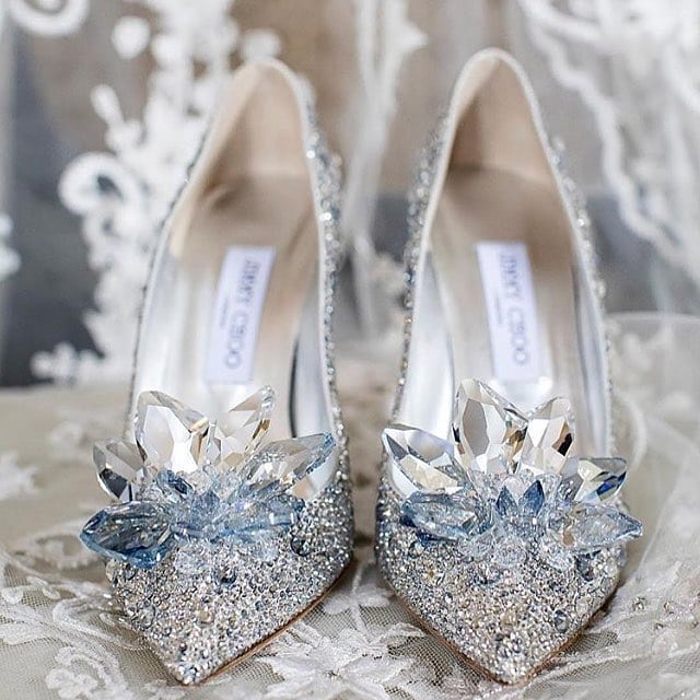 Designer Silver High Heel Pointed Toe Bridal Shoes with Oversized Crystal Flowers