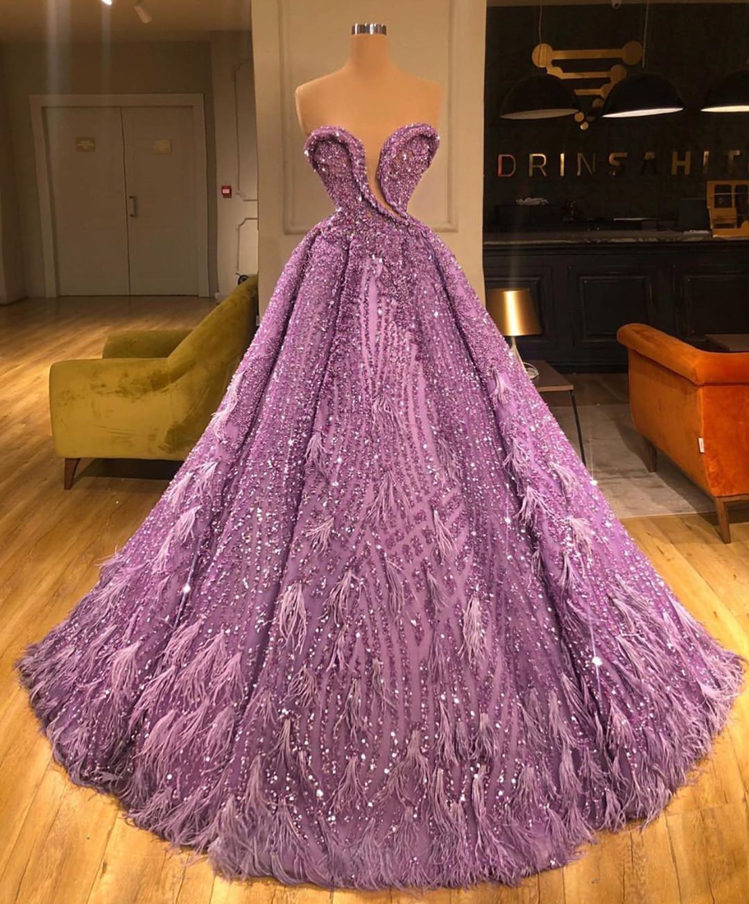 Long Off The Shoulder Regal Lilac Sequin Gown.