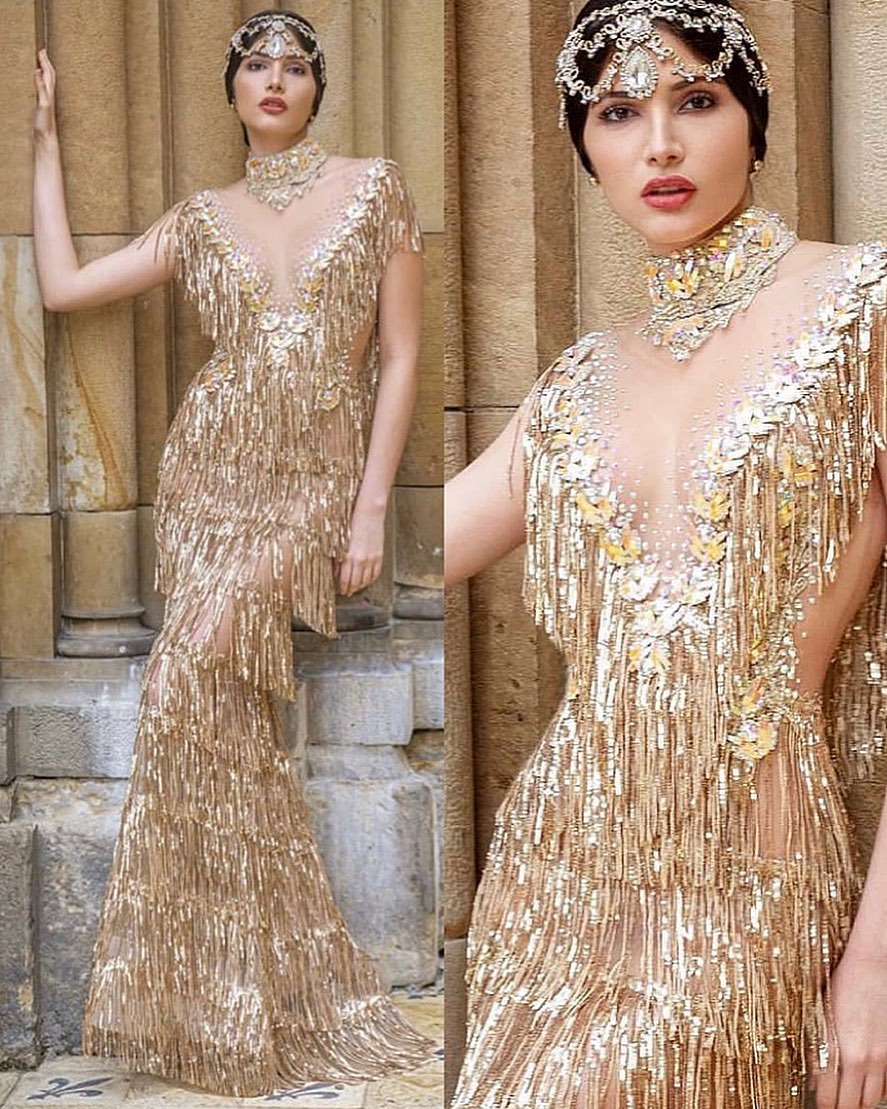 Layered Tassle Long Sequin Dress with Choker and Headpiece in Gold. 