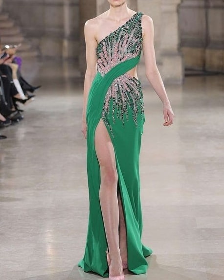 Green One Shoulder Long Gown with Pink Highlight Sequins and High Slit.