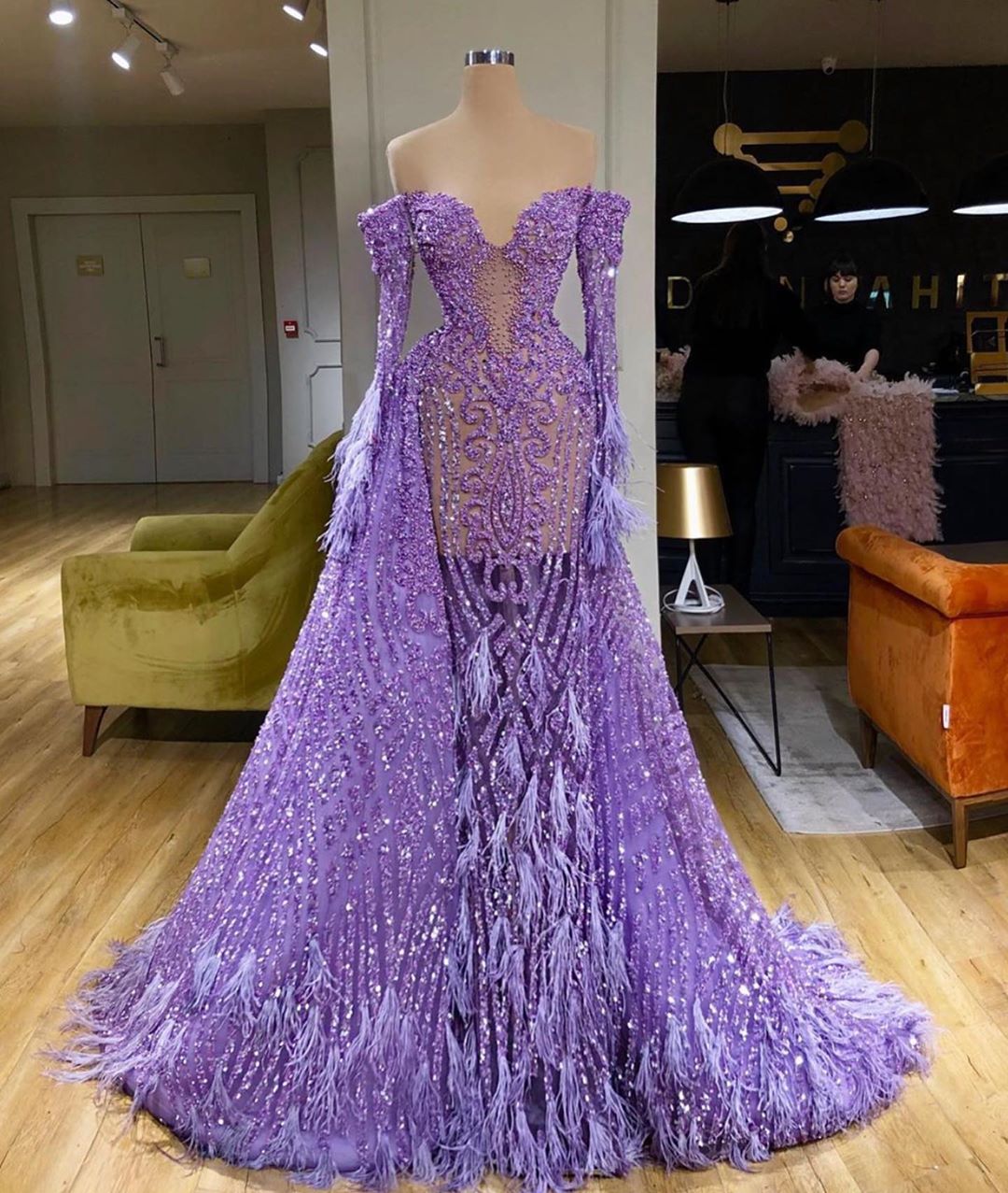 Off The Shoulder, Long Sleeves Lilac Gown With Sequins & Tassels.