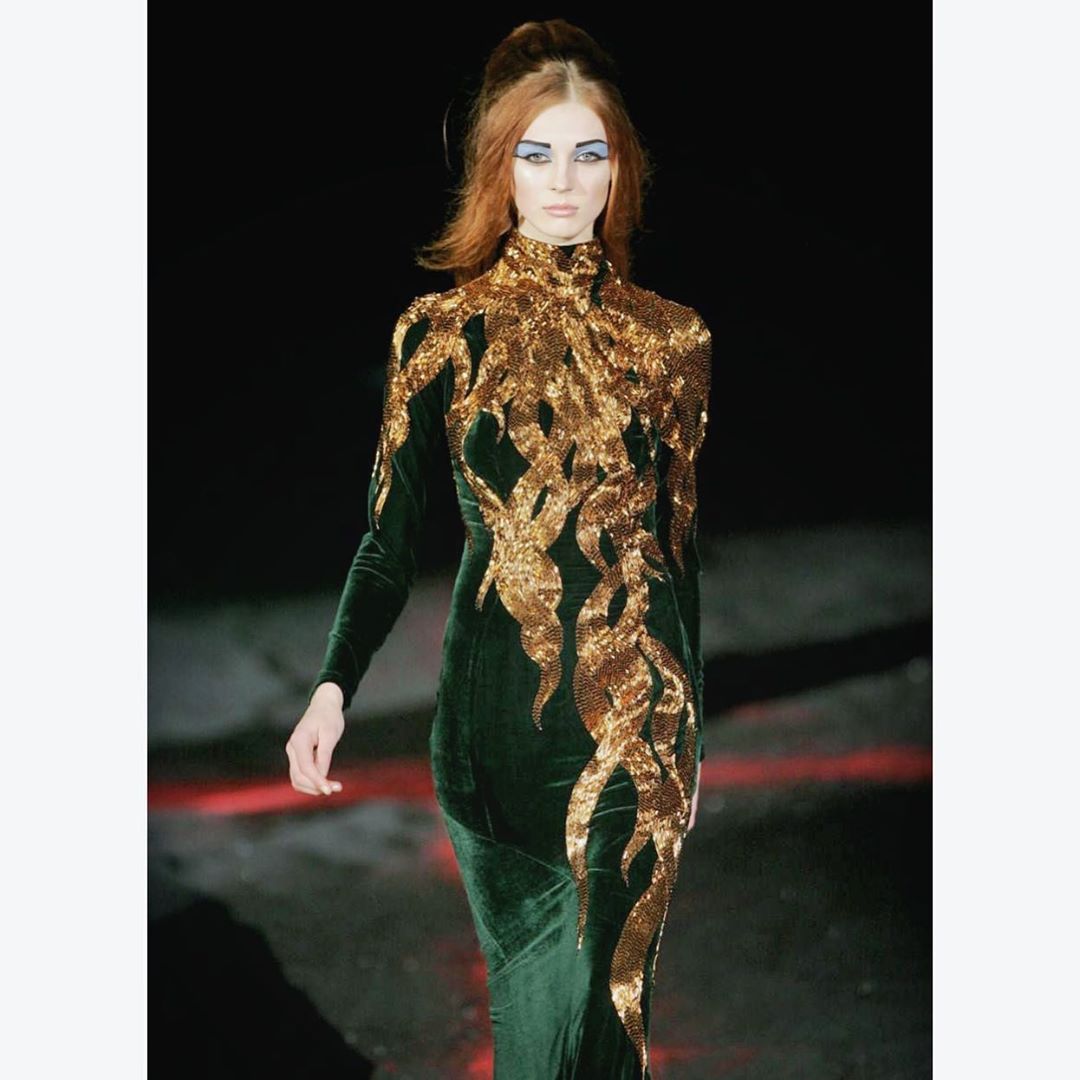 Green Velvet Long Gown with Gold Sequins