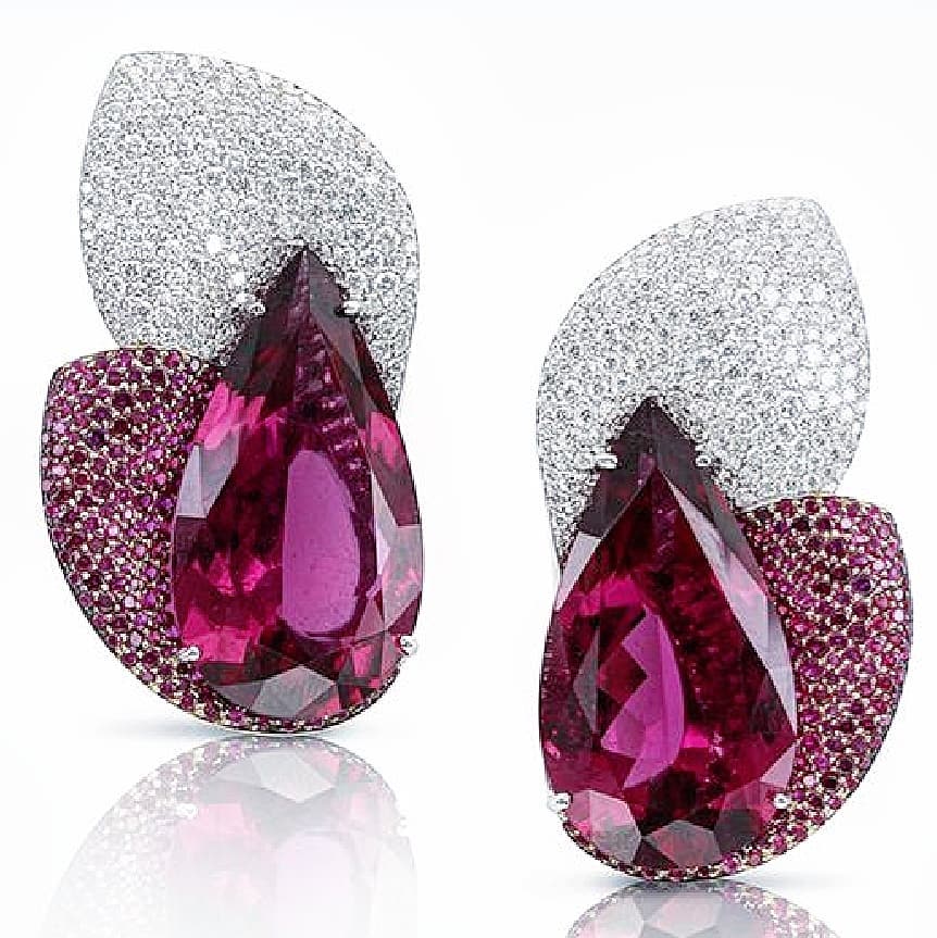 Best Jewelry Online: Dark Pink Teardrop Stones with Clear and Pink Diamonds Earrings