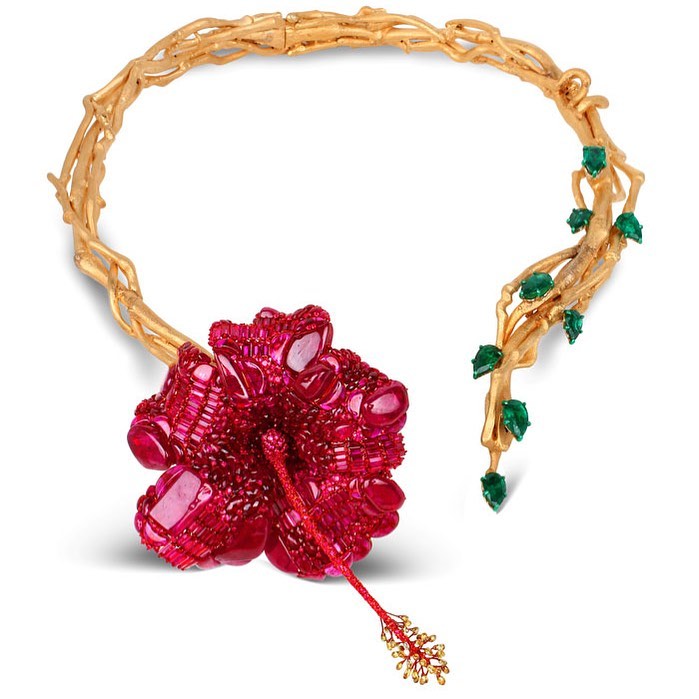 Best Jewelry Online: Hibiscus Flower Inspired Choker with Rubies and Emeralds