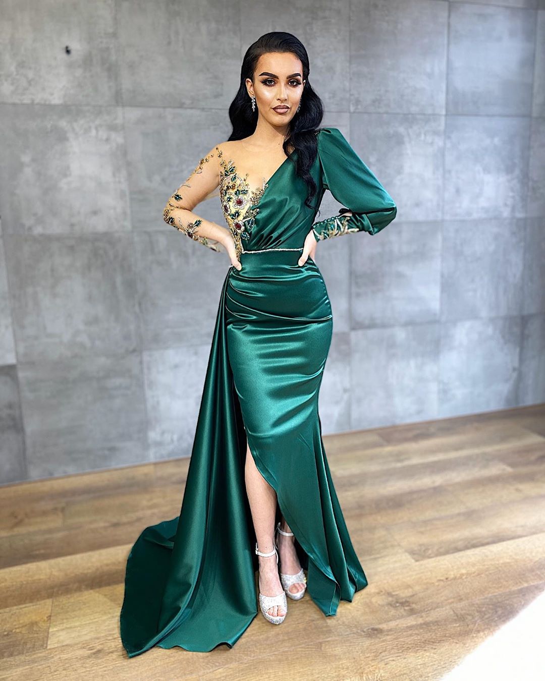 Dark Green V-Neck Long Gown with Single Full Sleeve, Sequin and Bead Flowers and Side Slit