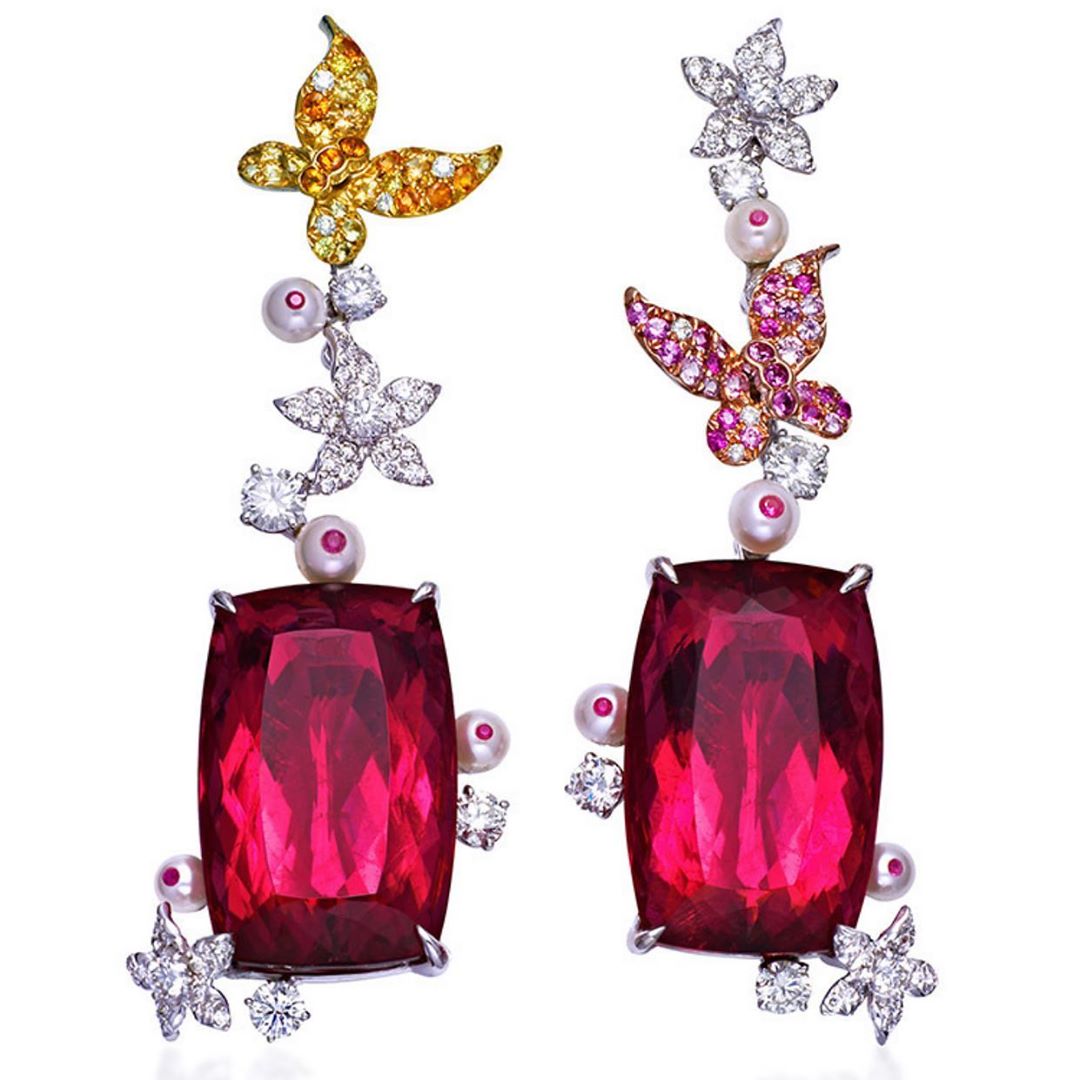 Best Jewelry Online: Drop Earrings with Yellow and Pink Diamonds, Pearls and Rubies