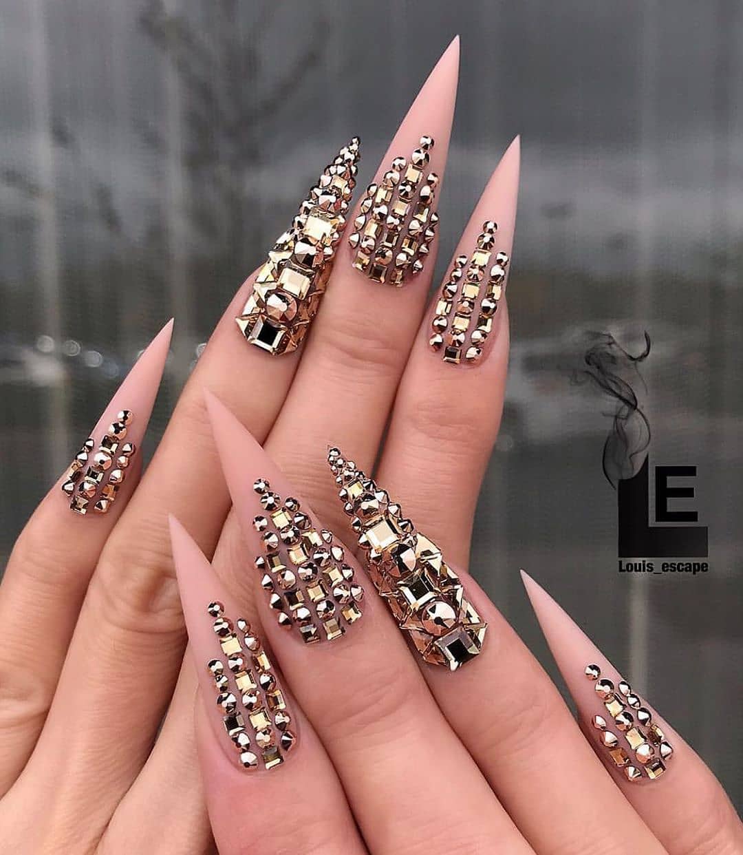 The Best Bling Online. Coffin Nail Art with Gold Rhinestones.