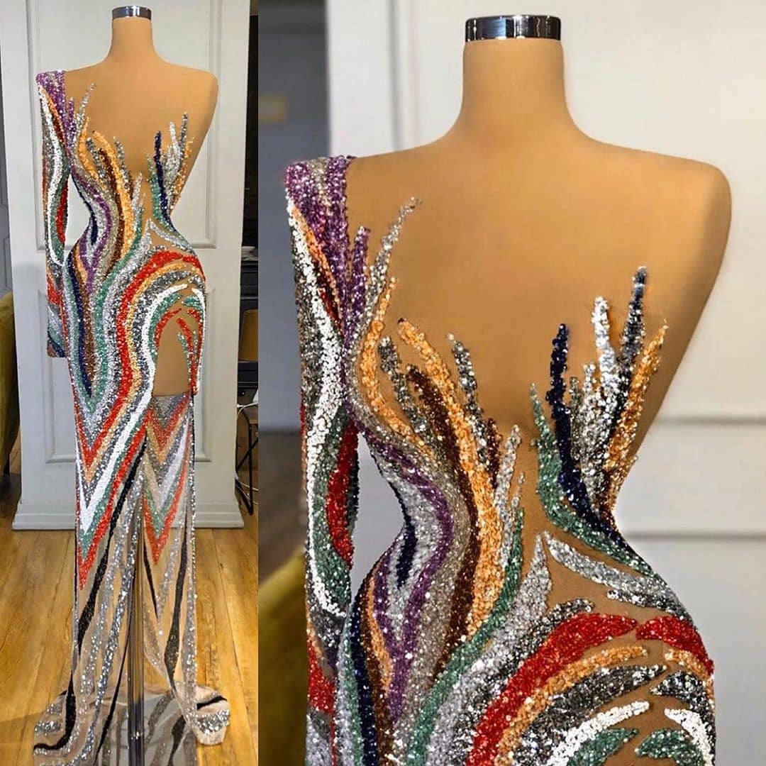 Sheer Glamour All Sequin Multi-Colour One-Sleeve Evening Gown.