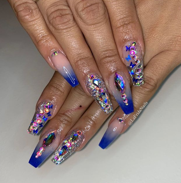 Blue and Pink Crystal Nails