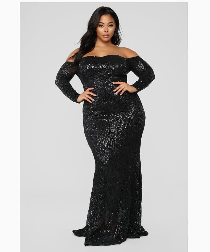 Plus Size Off The Shoulder Long Black Sequin Dress