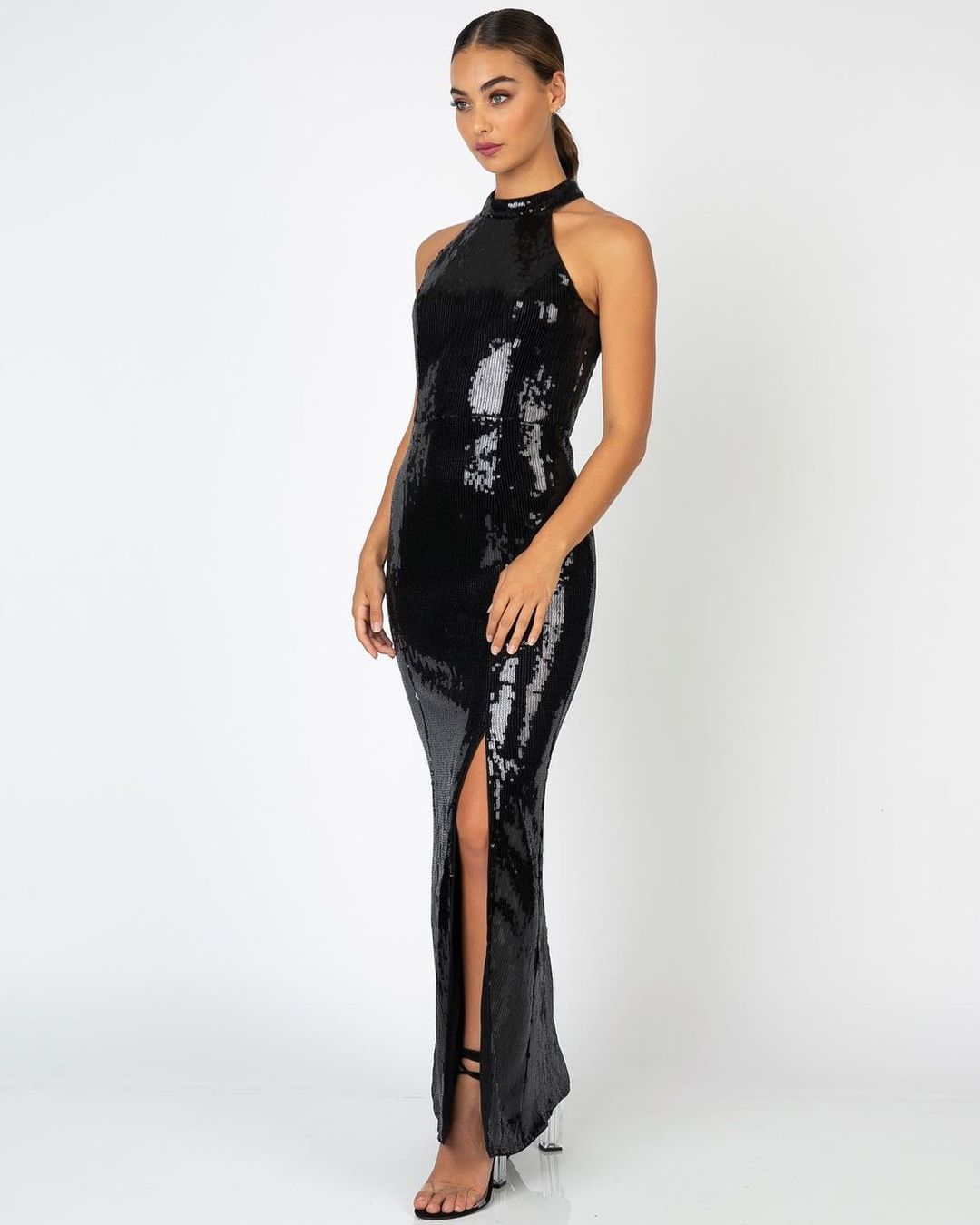 Long Sequin Dress with High Slit and Chinese Collar