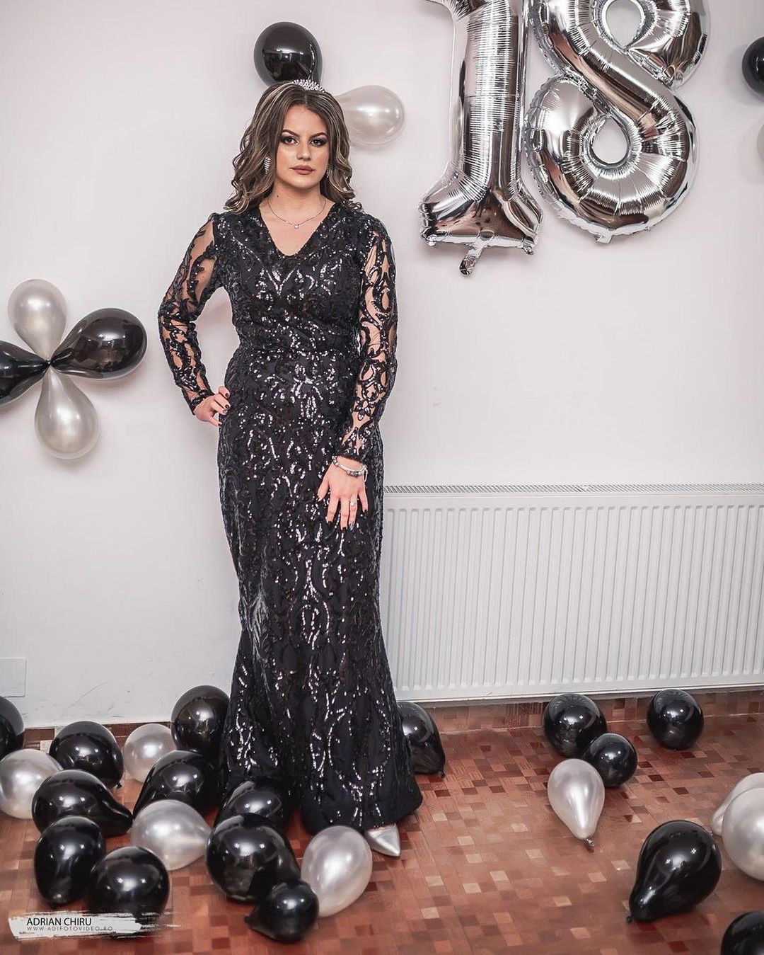 Black Sequin Long Sleeves and V-Neck Perfect Birthday Gown